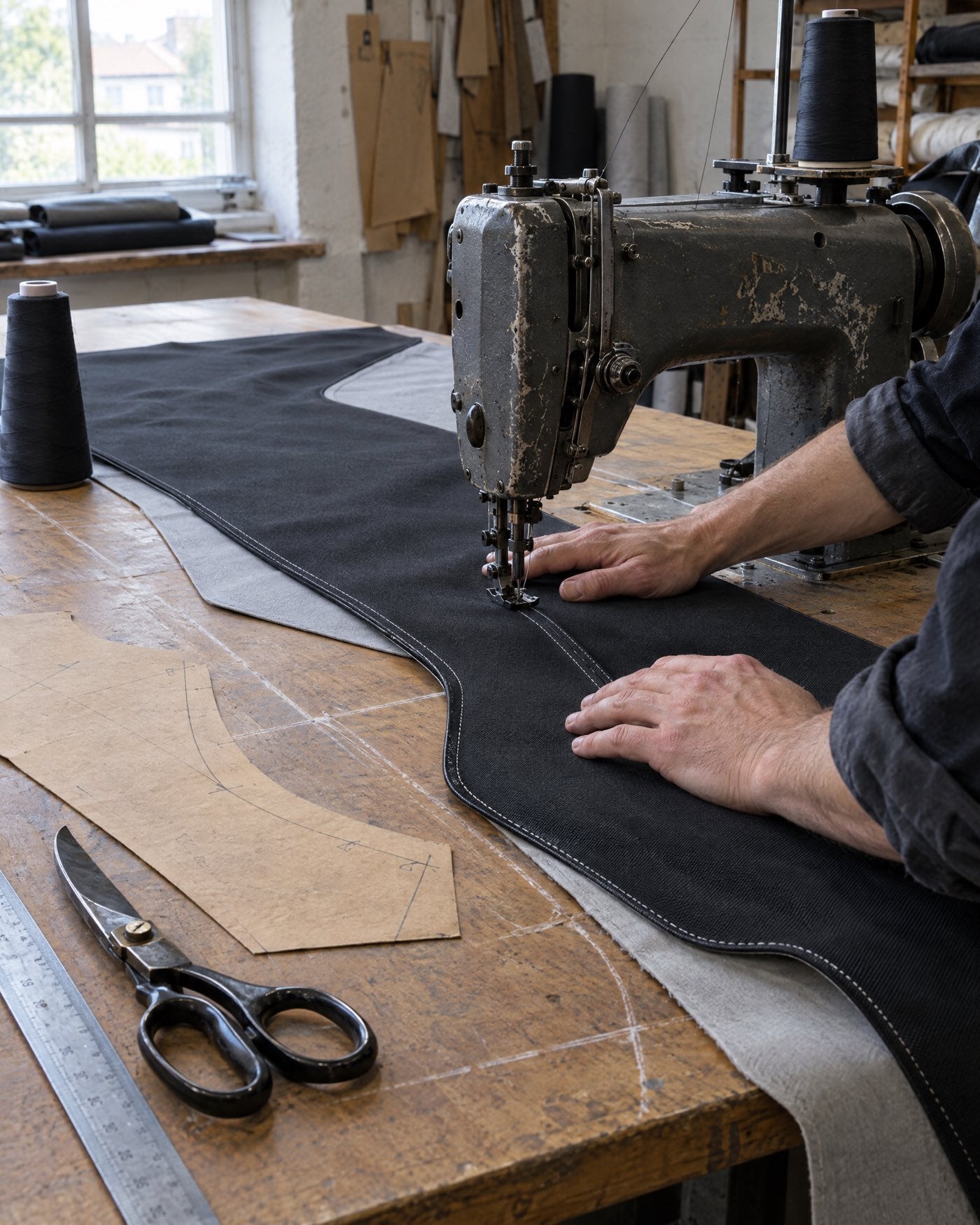 Couture d’un panneau de capote noir à la machine